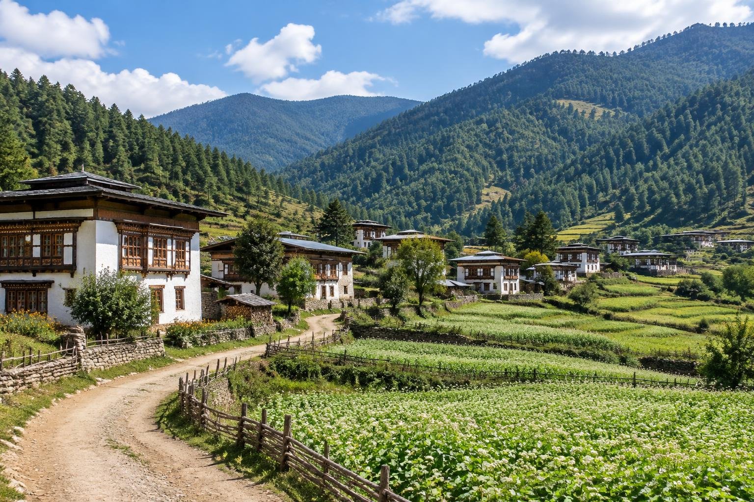 Villages et champs dans la vallée du Bumthang au Bhoutan — illustration