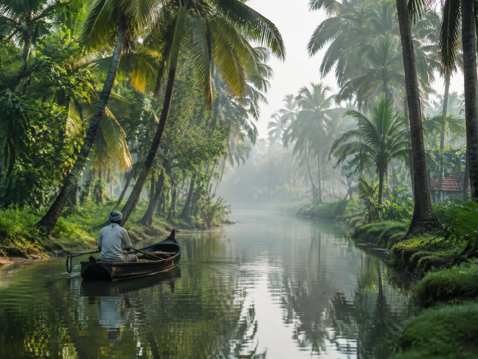 Backwaters bordés de cocotiers au Kerala