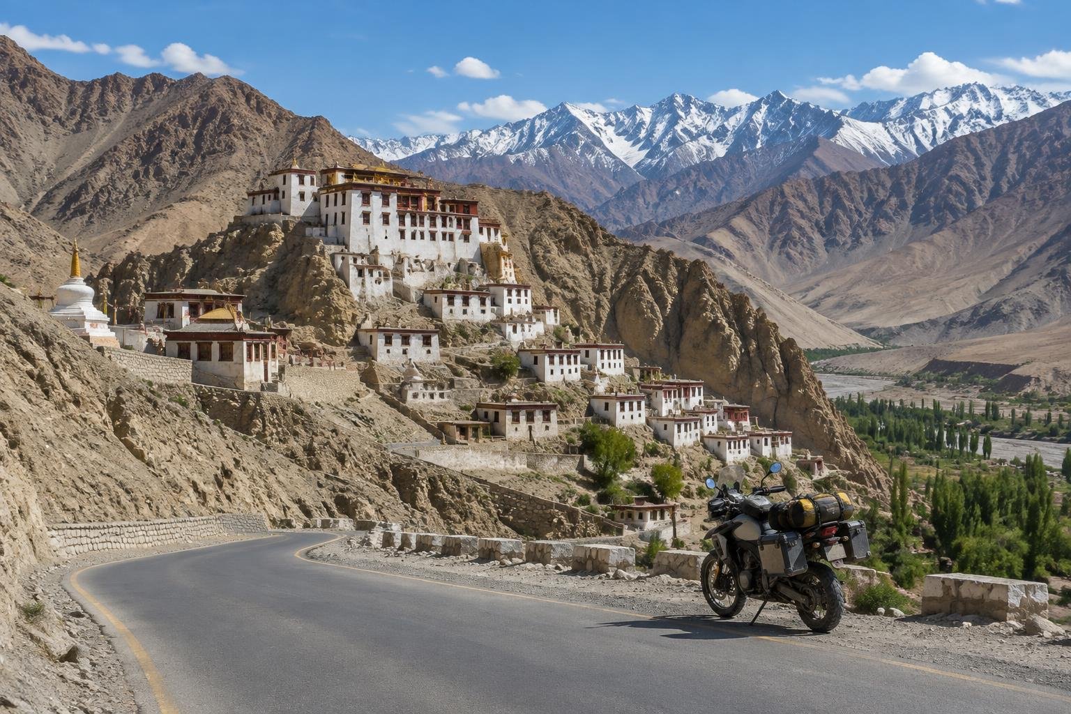 Route et monastère de Lamayuru dans les montagnes du Ladakh — illustration