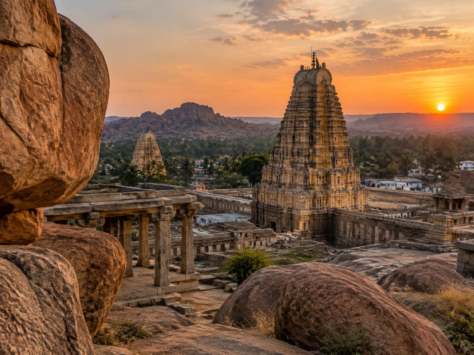 Temple de Virupaksha et rochers de Hampi au coucher du soleil