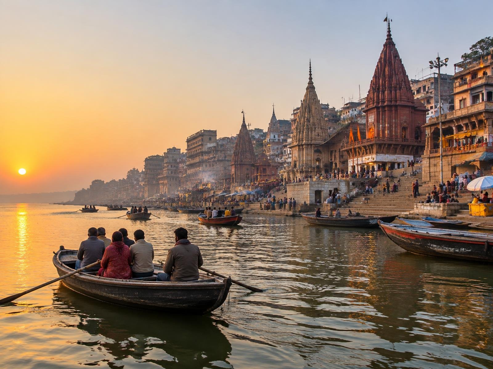 Barques sur le Gange devant les ghats de Bénarès au lever du soleil