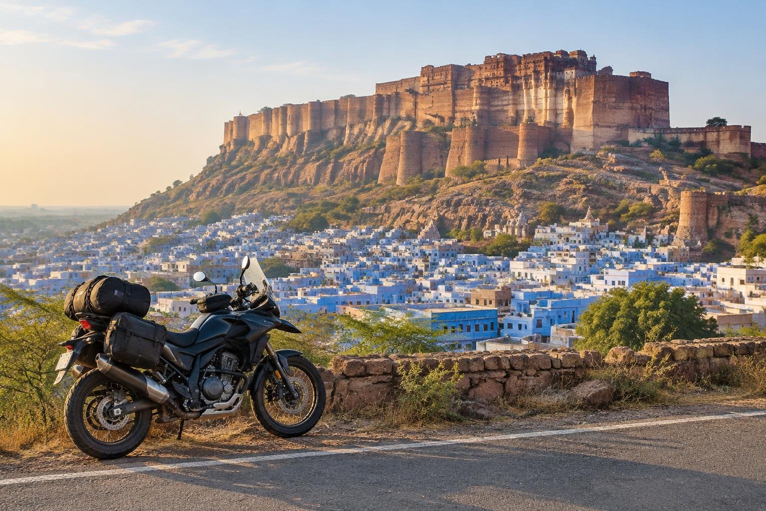 Moto et fort de Mehrangarh au-dessus de Jodhpur au Rajasthan — illustration