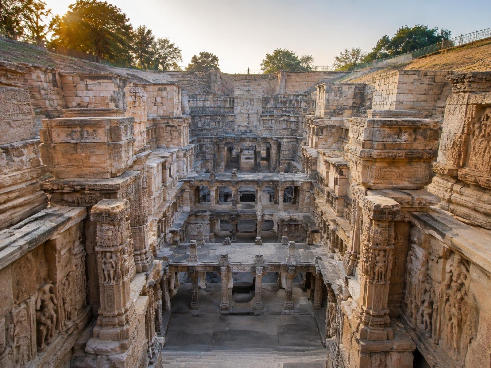 Galeries sculptées du puits à degrés Rani ki Vav au Gujarat